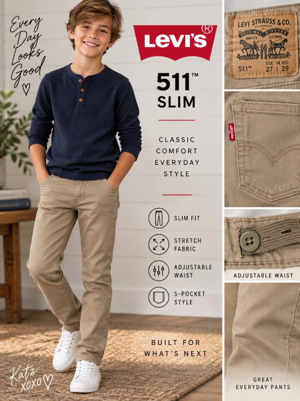 Levi’s 511 Slim Boys 14 Regular Khaki Tan Stretch Pants Adjustable Waist 27x29